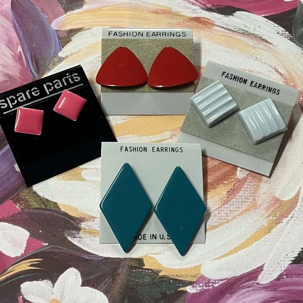 4 Vintage Pair Fashion Jewelry Pierced Earrings Geometric Retro 70 80 90